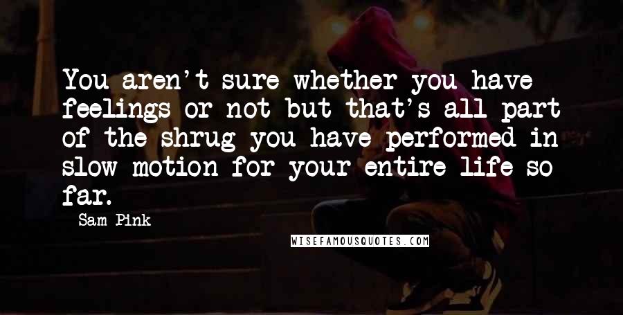 Sam Pink Quotes: You aren't sure whether you have feelings or not but that's all part of the shrug you have performed in slow motion for your entire life so far.