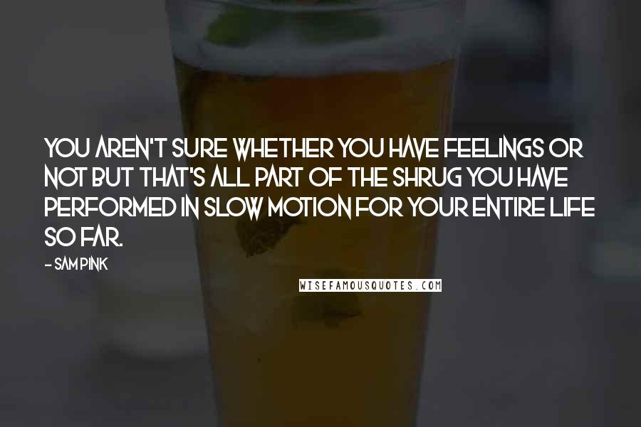 Sam Pink Quotes: You aren't sure whether you have feelings or not but that's all part of the shrug you have performed in slow motion for your entire life so far.