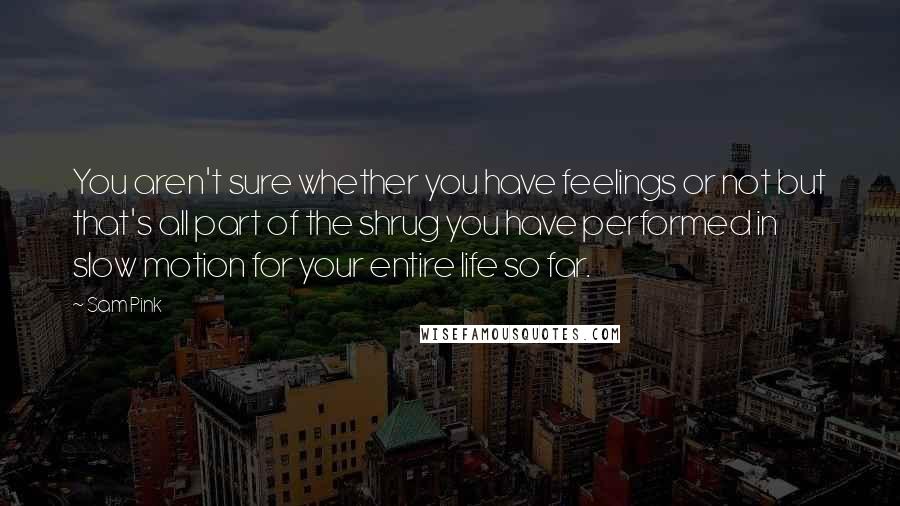 Sam Pink Quotes: You aren't sure whether you have feelings or not but that's all part of the shrug you have performed in slow motion for your entire life so far.