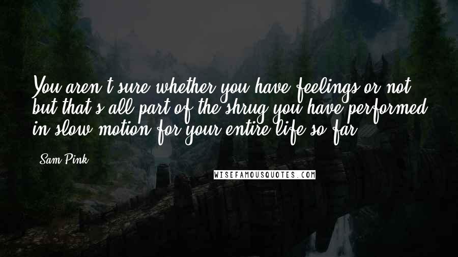Sam Pink Quotes: You aren't sure whether you have feelings or not but that's all part of the shrug you have performed in slow motion for your entire life so far.