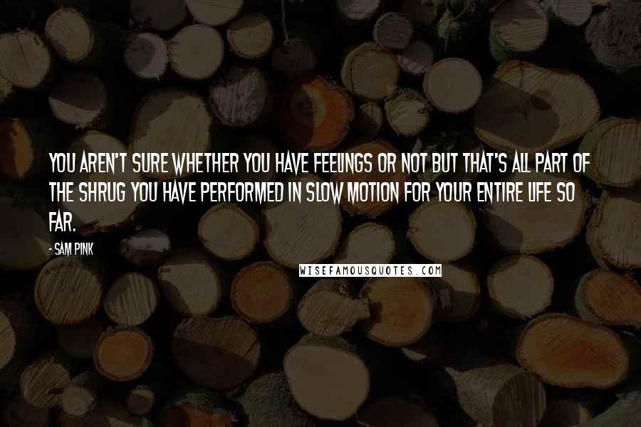 Sam Pink Quotes: You aren't sure whether you have feelings or not but that's all part of the shrug you have performed in slow motion for your entire life so far.