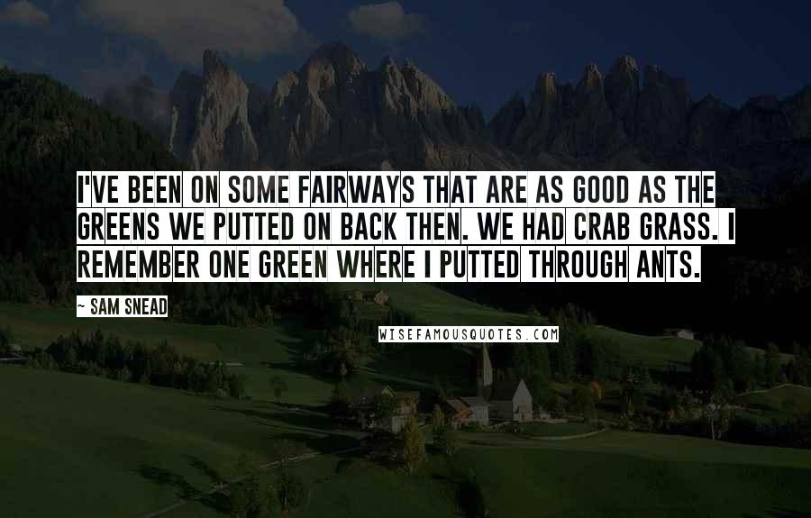 Sam Snead Quotes: I've been on some fairways that are as good as the greens we putted on back then. We had crab grass. I remember one green where I putted through ants.
