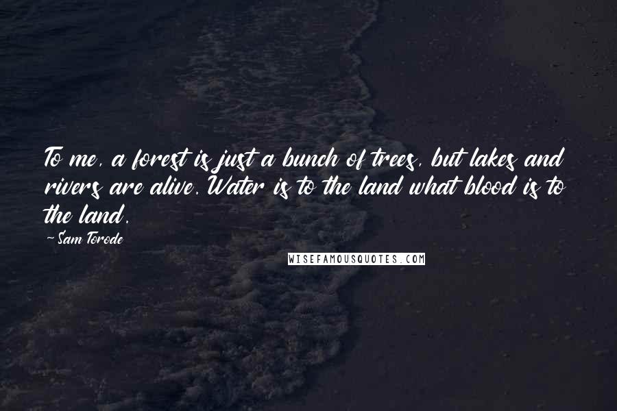 Sam Torode Quotes: To me, a forest is just a bunch of trees, but lakes and rivers are alive. Water is to the land what blood is to the land.