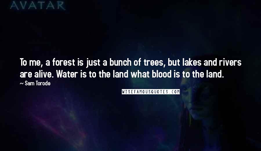 Sam Torode Quotes: To me, a forest is just a bunch of trees, but lakes and rivers are alive. Water is to the land what blood is to the land.