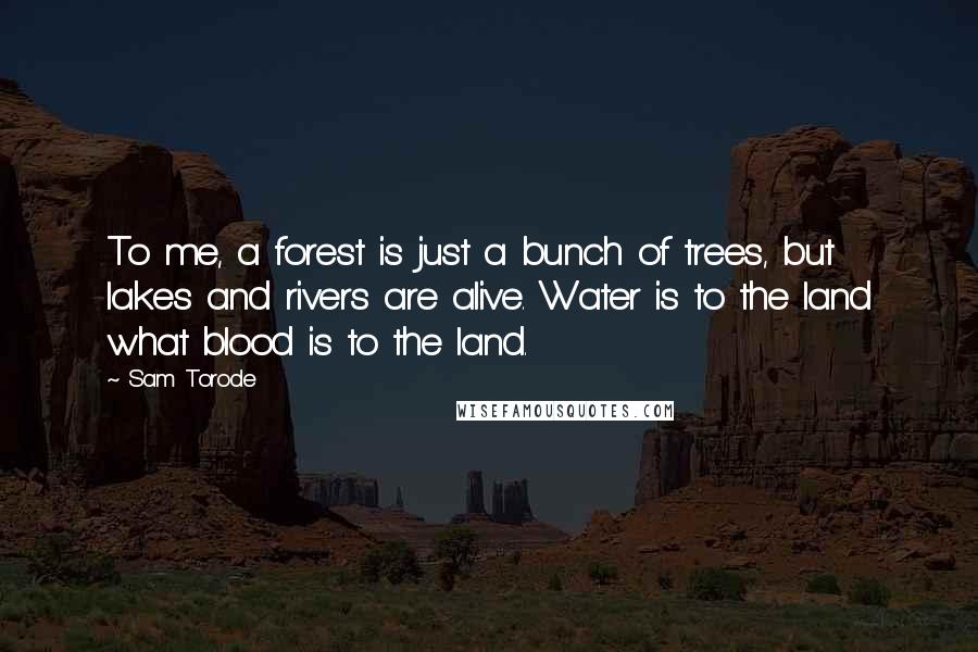 Sam Torode Quotes: To me, a forest is just a bunch of trees, but lakes and rivers are alive. Water is to the land what blood is to the land.