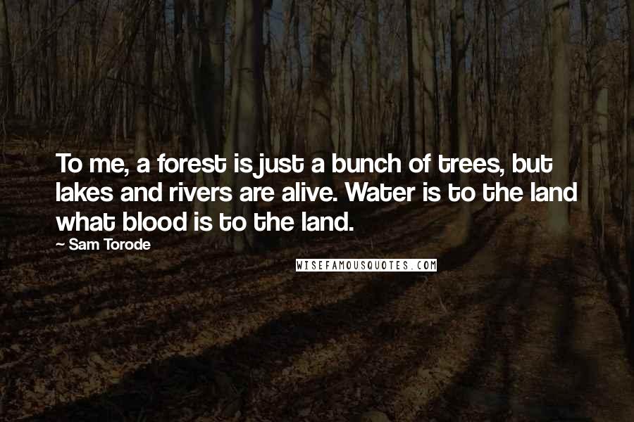 Sam Torode Quotes: To me, a forest is just a bunch of trees, but lakes and rivers are alive. Water is to the land what blood is to the land.