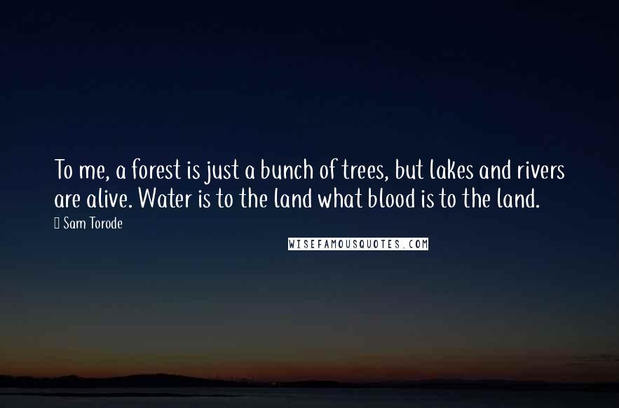 Sam Torode Quotes: To me, a forest is just a bunch of trees, but lakes and rivers are alive. Water is to the land what blood is to the land.