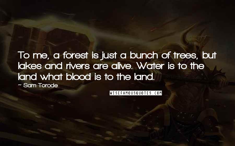 Sam Torode Quotes: To me, a forest is just a bunch of trees, but lakes and rivers are alive. Water is to the land what blood is to the land.