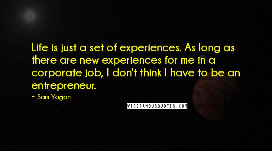 Sam Yagan Quotes: Life is just a set of experiences. As long as there are new experiences for me in a corporate job, I don't think I have to be an entrepreneur.