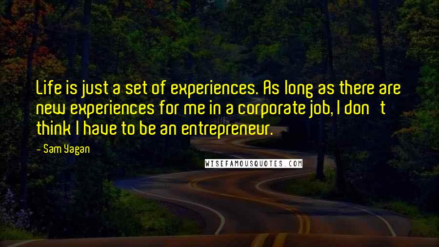 Sam Yagan Quotes: Life is just a set of experiences. As long as there are new experiences for me in a corporate job, I don't think I have to be an entrepreneur.