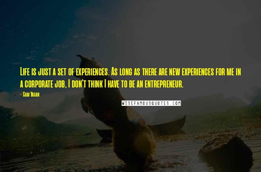 Sam Yagan Quotes: Life is just a set of experiences. As long as there are new experiences for me in a corporate job, I don't think I have to be an entrepreneur.