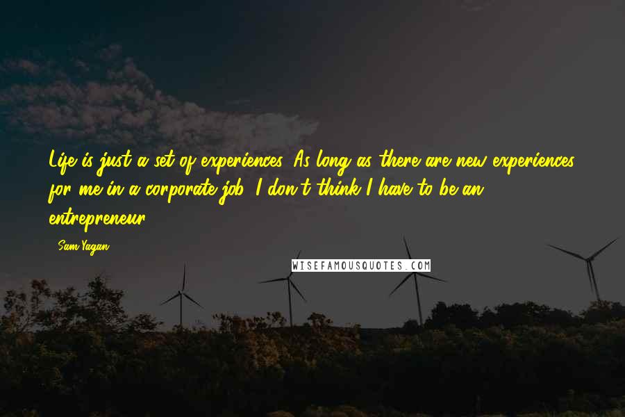 Sam Yagan Quotes: Life is just a set of experiences. As long as there are new experiences for me in a corporate job, I don't think I have to be an entrepreneur.