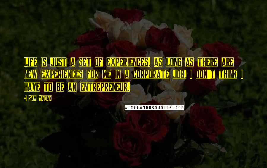 Sam Yagan Quotes: Life is just a set of experiences. As long as there are new experiences for me in a corporate job, I don't think I have to be an entrepreneur.