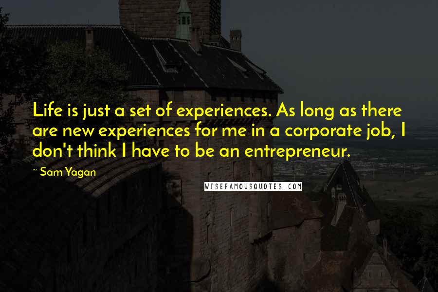 Sam Yagan Quotes: Life is just a set of experiences. As long as there are new experiences for me in a corporate job, I don't think I have to be an entrepreneur.