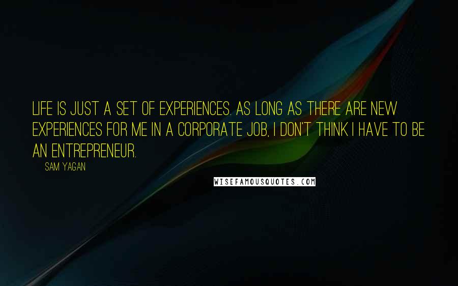 Sam Yagan Quotes: Life is just a set of experiences. As long as there are new experiences for me in a corporate job, I don't think I have to be an entrepreneur.