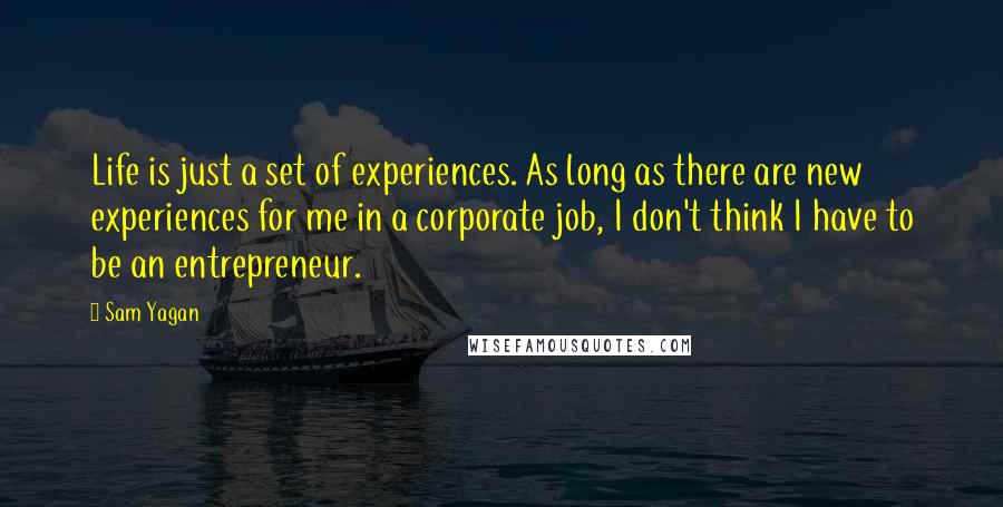 Sam Yagan Quotes: Life is just a set of experiences. As long as there are new experiences for me in a corporate job, I don't think I have to be an entrepreneur.