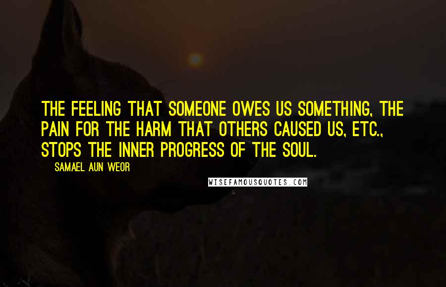 Samael Aun Weor Quotes: The feeling that someone owes us something, the pain for the harm that others caused us, etc., stops the inner progress of the soul.