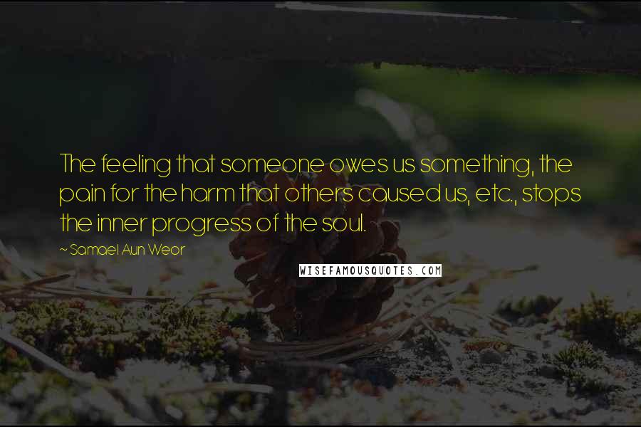 Samael Aun Weor Quotes: The feeling that someone owes us something, the pain for the harm that others caused us, etc., stops the inner progress of the soul.