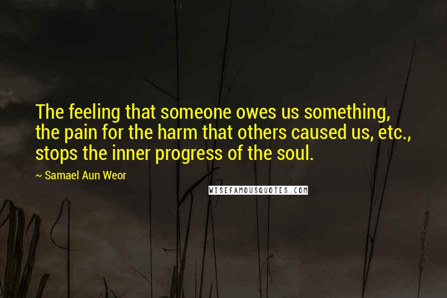 Samael Aun Weor Quotes: The feeling that someone owes us something, the pain for the harm that others caused us, etc., stops the inner progress of the soul.