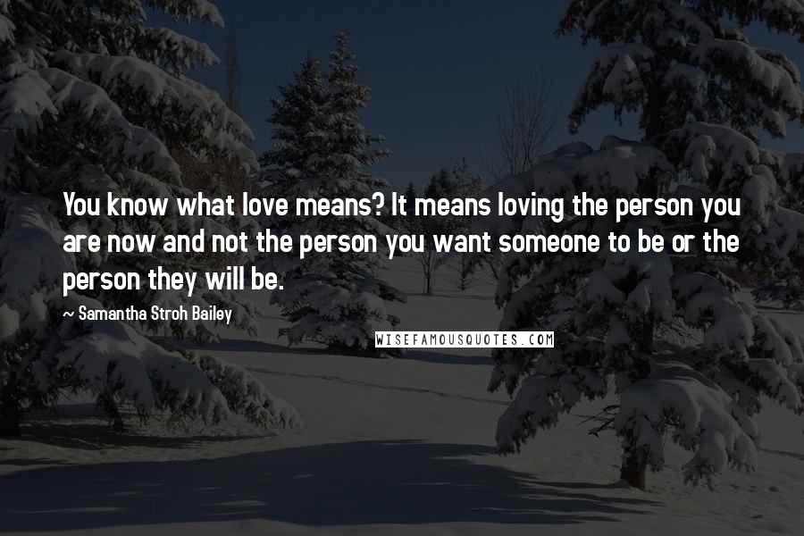 Samantha Stroh Bailey Quotes: You know what love means? It means loving the person you are now and not the person you want someone to be or the person they will be.