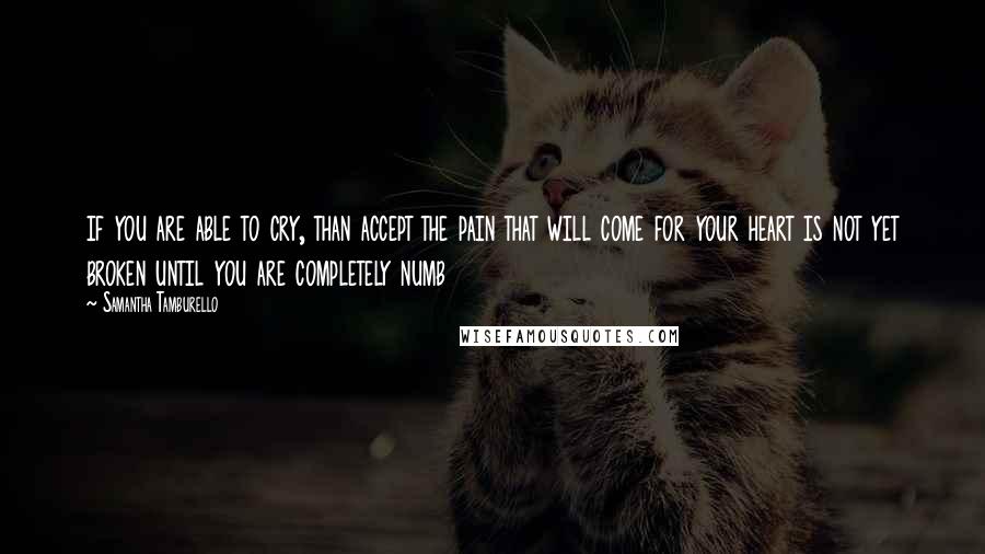 Samantha Tamburello Quotes: if you are able to cry, than accept the pain that will come for your heart is not yet broken until you are completely numb