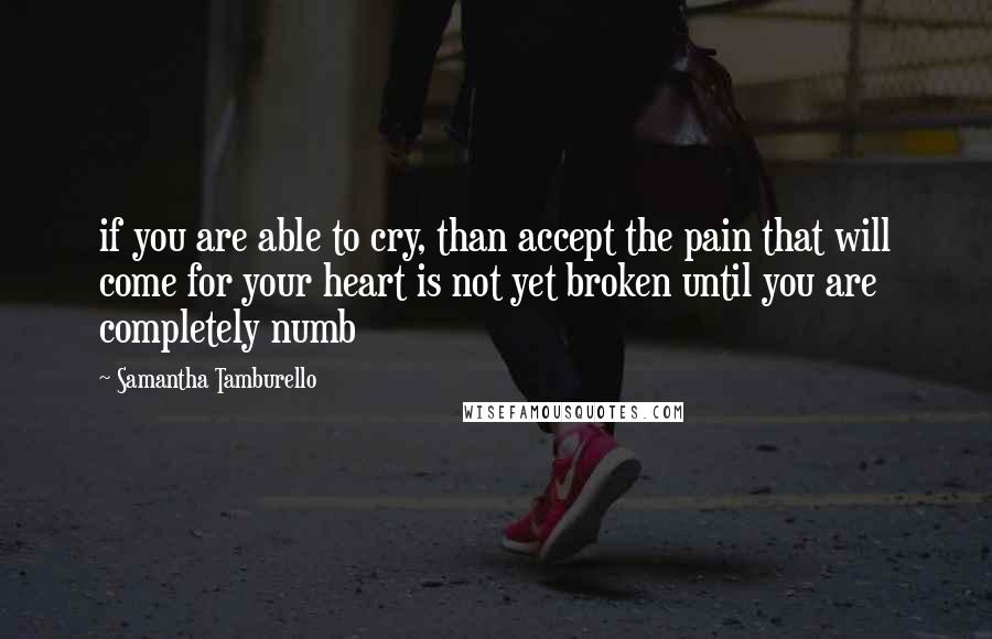 Samantha Tamburello Quotes: if you are able to cry, than accept the pain that will come for your heart is not yet broken until you are completely numb