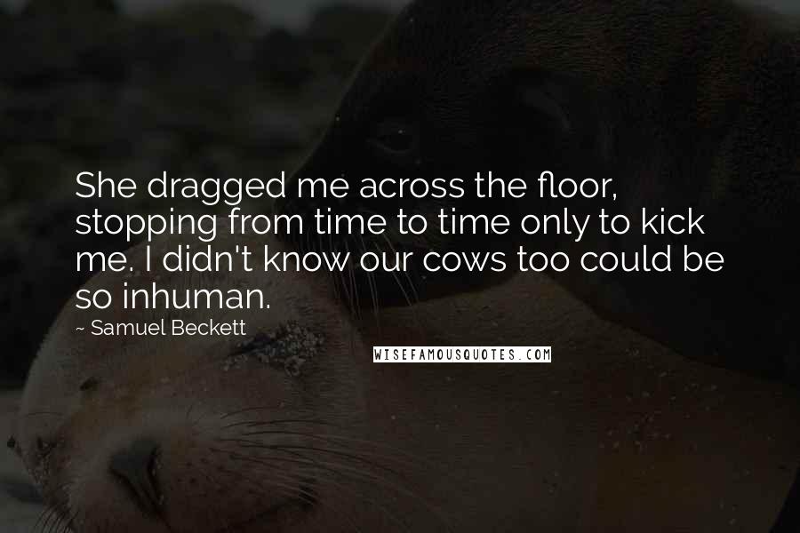 Samuel Beckett Quotes: She dragged me across the floor, stopping from time to time only to kick me. I didn't know our cows too could be so inhuman.