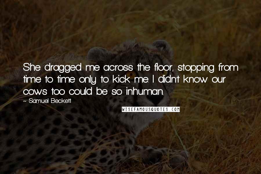 Samuel Beckett Quotes: She dragged me across the floor, stopping from time to time only to kick me. I didn't know our cows too could be so inhuman.