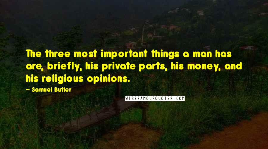 Samuel Butler Quotes: The three most important things a man has are, briefly, his private parts, his money, and his religious opinions.