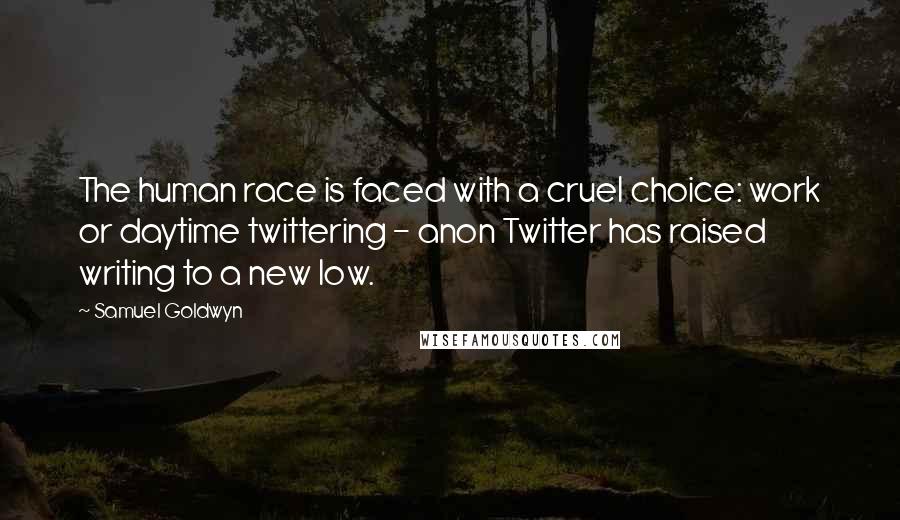 Samuel Goldwyn Quotes: The human race is faced with a cruel choice: work or daytime twittering - anon Twitter has raised writing to a new low.