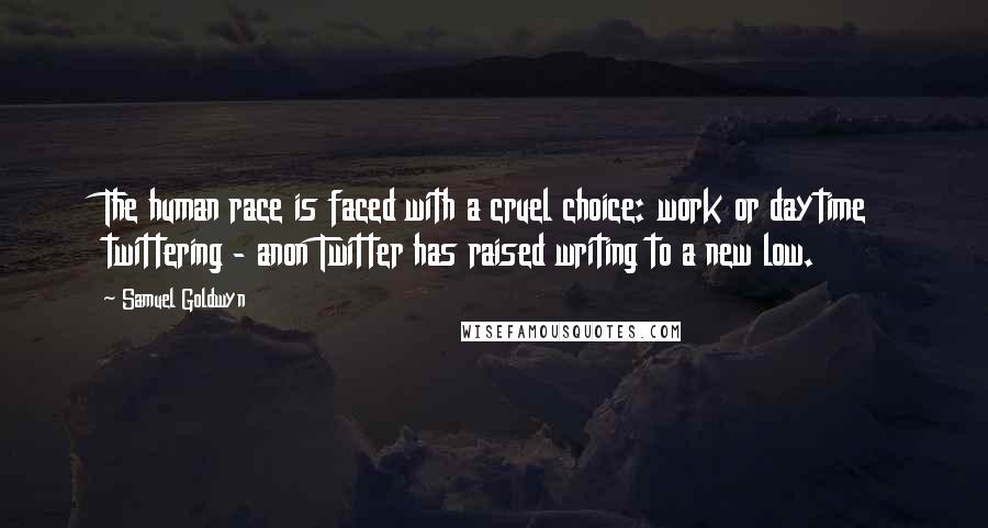 Samuel Goldwyn Quotes: The human race is faced with a cruel choice: work or daytime twittering - anon Twitter has raised writing to a new low.