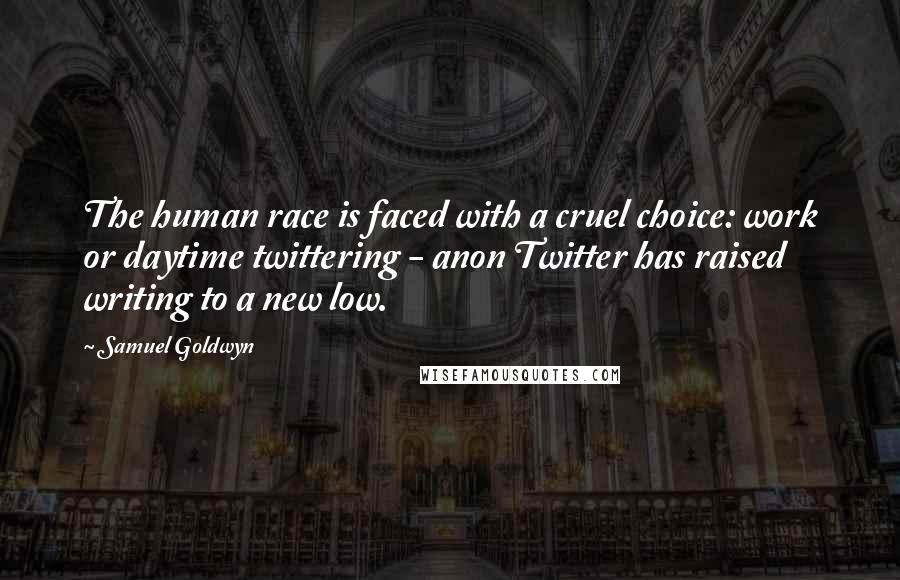 Samuel Goldwyn Quotes: The human race is faced with a cruel choice: work or daytime twittering - anon Twitter has raised writing to a new low.