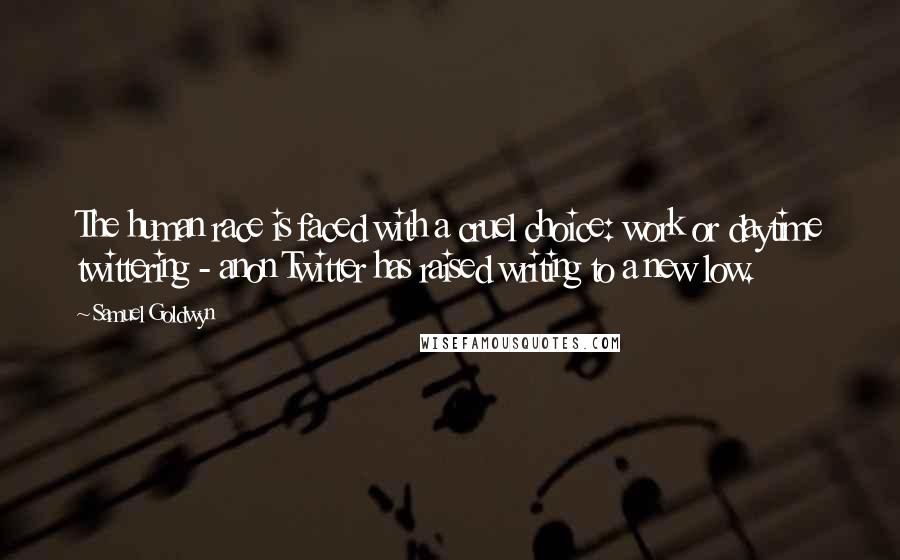 Samuel Goldwyn Quotes: The human race is faced with a cruel choice: work or daytime twittering - anon Twitter has raised writing to a new low.