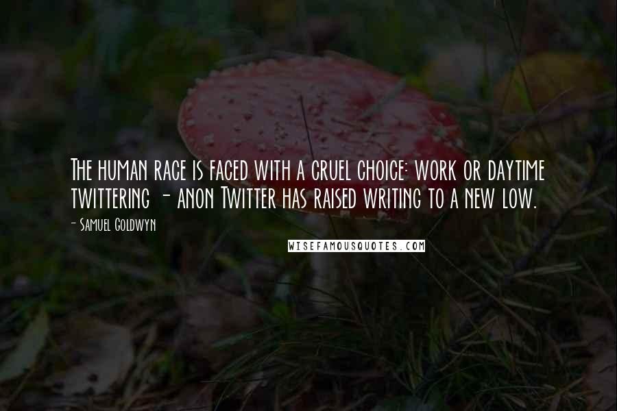 Samuel Goldwyn Quotes: The human race is faced with a cruel choice: work or daytime twittering - anon Twitter has raised writing to a new low.