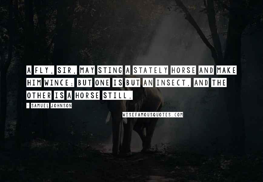 Samuel Johnson Quotes: A fly, Sir, may sting a stately horse and make him wince; but one is but an insect, and the other is a horse still.