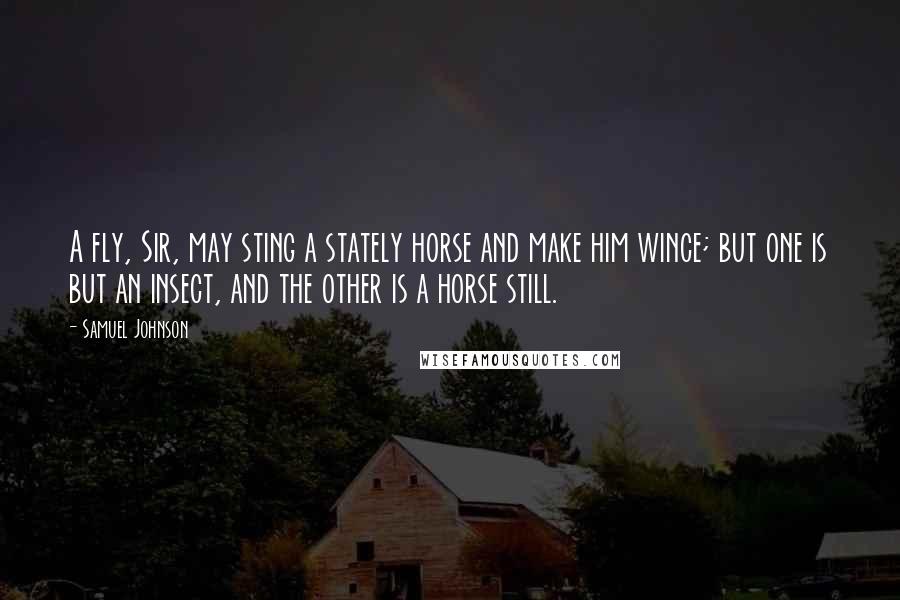 Samuel Johnson Quotes: A fly, Sir, may sting a stately horse and make him wince; but one is but an insect, and the other is a horse still.