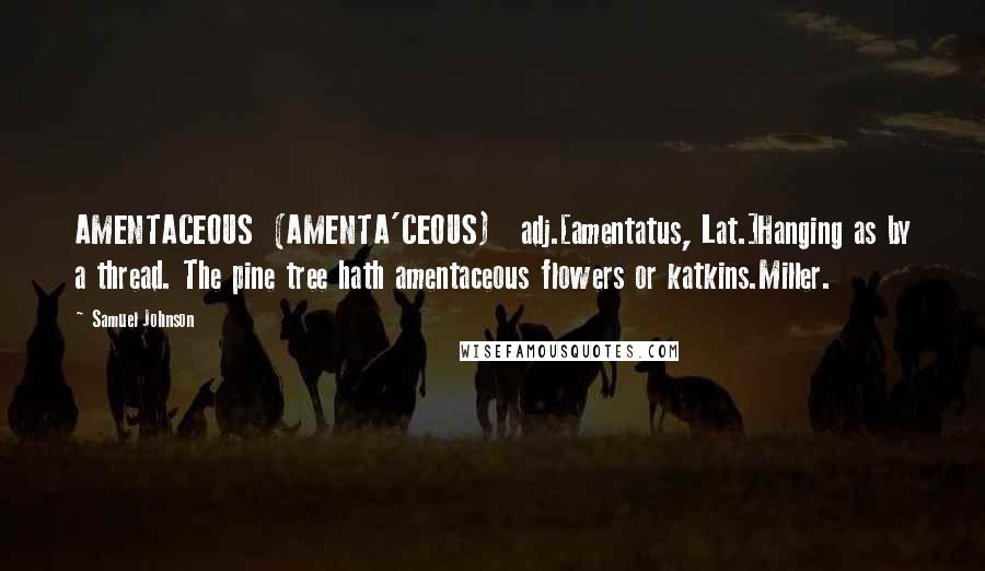 Samuel Johnson Quotes: AMENTACEOUS  (AMENTA'CEOUS)   adj.[amentatus, Lat.]Hanging as by a thread. The pine tree hath amentaceous flowers or katkins.Miller.