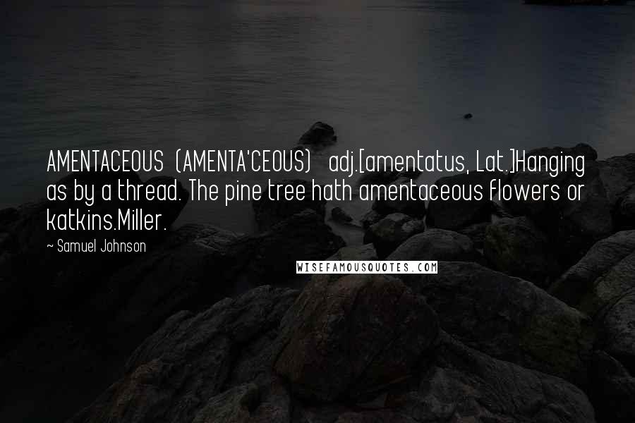 Samuel Johnson Quotes: AMENTACEOUS  (AMENTA'CEOUS)   adj.[amentatus, Lat.]Hanging as by a thread. The pine tree hath amentaceous flowers or katkins.Miller.