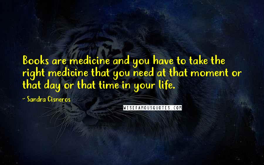 Sandra Cisneros Quotes: Books are medicine and you have to take the right medicine that you need at that moment or that day or that time in your life.