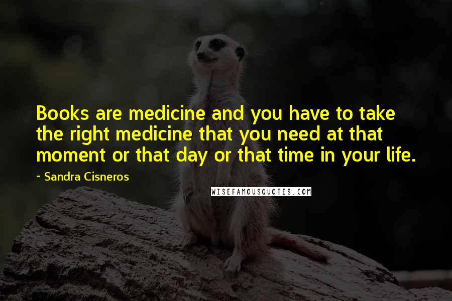 Sandra Cisneros Quotes: Books are medicine and you have to take the right medicine that you need at that moment or that day or that time in your life.