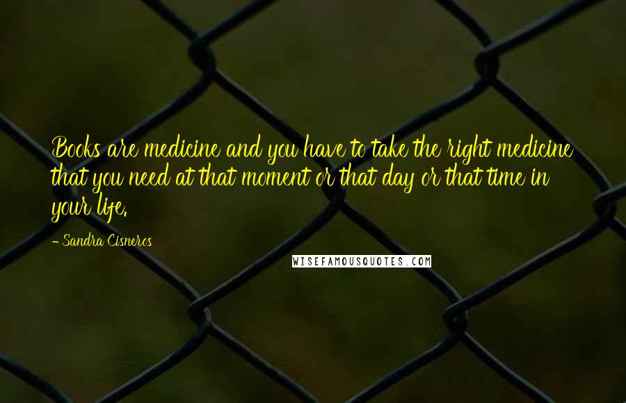 Sandra Cisneros Quotes: Books are medicine and you have to take the right medicine that you need at that moment or that day or that time in your life.