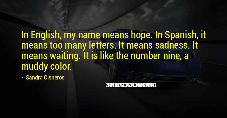 Sandra Cisneros Quotes: In English, my name means hope. In Spanish, it means too many letters. It means sadness. It means waiting. It is like the number nine, a muddy color.