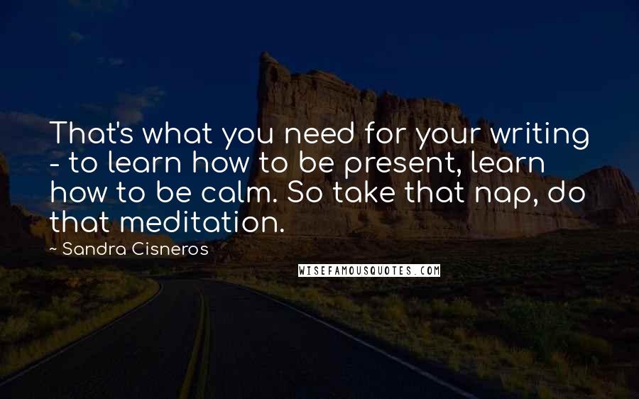 Sandra Cisneros Quotes: That's what you need for your writing - to learn how to be present, learn how to be calm. So take that nap, do that meditation.