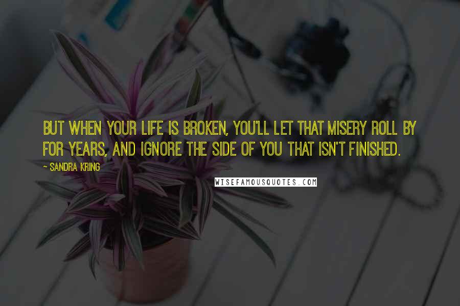 Sandra Kring Quotes: But when your life is broken, you'll let that misery roll by for years, and ignore the side of you that isn't finished.