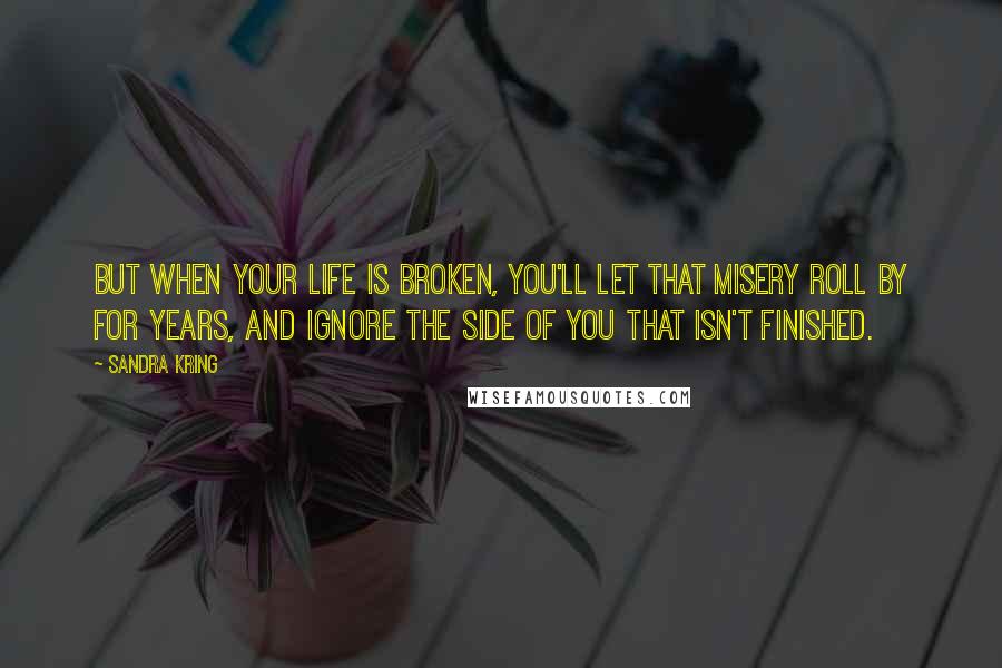 Sandra Kring Quotes: But when your life is broken, you'll let that misery roll by for years, and ignore the side of you that isn't finished.