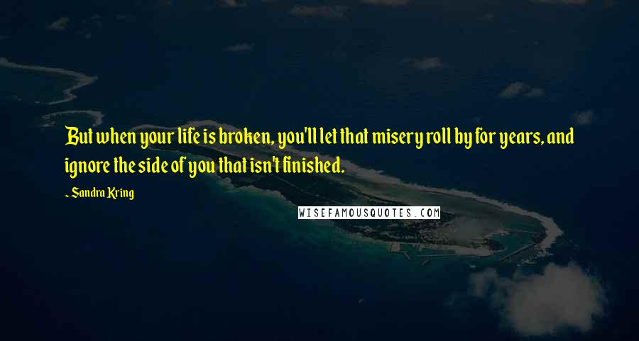 Sandra Kring Quotes: But when your life is broken, you'll let that misery roll by for years, and ignore the side of you that isn't finished.