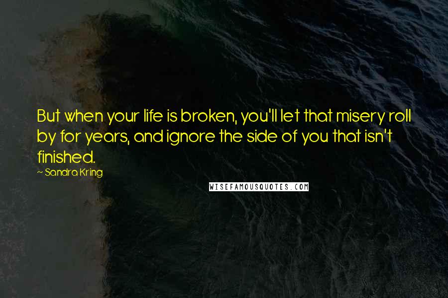 Sandra Kring Quotes: But when your life is broken, you'll let that misery roll by for years, and ignore the side of you that isn't finished.