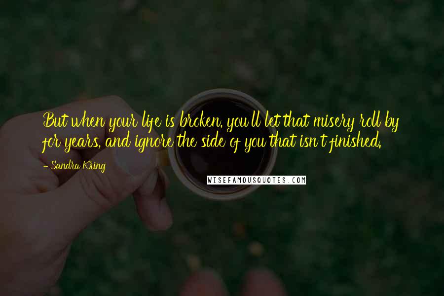 Sandra Kring Quotes: But when your life is broken, you'll let that misery roll by for years, and ignore the side of you that isn't finished.