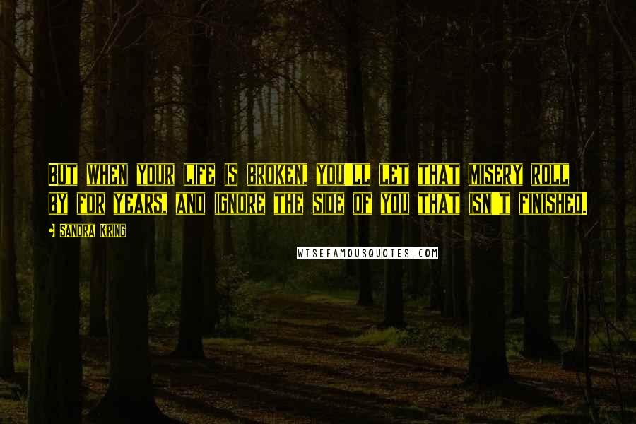 Sandra Kring Quotes: But when your life is broken, you'll let that misery roll by for years, and ignore the side of you that isn't finished.