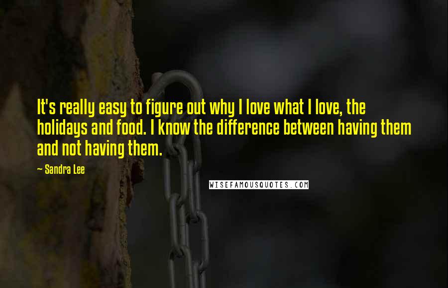 Sandra Lee Quotes: It's really easy to figure out why I love what I love, the holidays and food. I know the difference between having them and not having them.